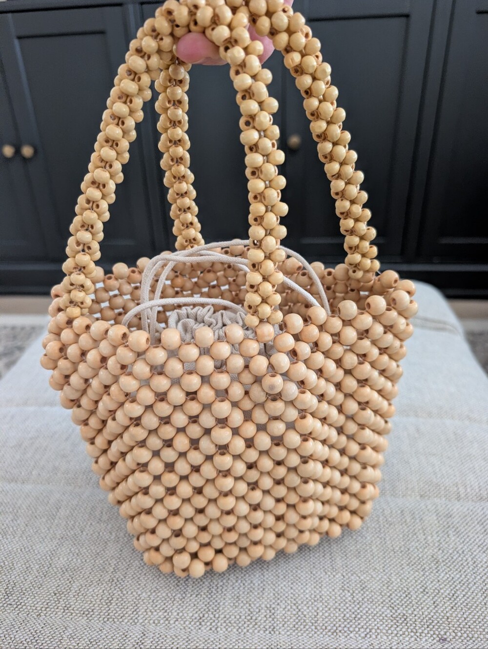 Dolce Vita Beaded Small Bucket Bag Natural Cream Canvas Drawstring Neutral Boho